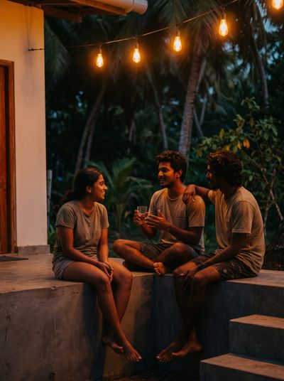 Three friends sitting on concrete steps at dusk under a string of bulb lights, palm trees behind them